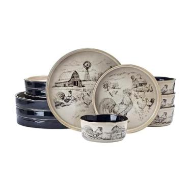 Imagem de Pfaltzgraff Conjunto de louça Farmyard Rooster, 12 peças, estilo fazenda, serviço para 4, tigela de prato com aros altos, design rústico, marrom e preto