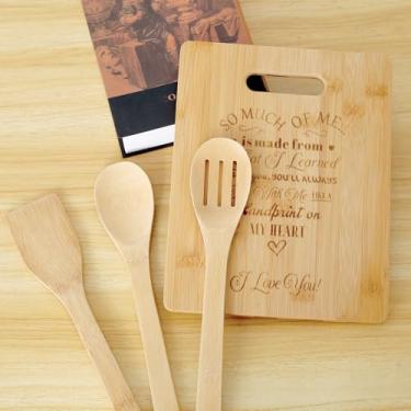 Imagem de Conjunto de tábuas de corte e utensílios, poema especial de coração de amor, conjunto de utensílios de cozinha de bambu, tábua decorativa com colher de sopa, espátula com fenda, conjunto de utensílios