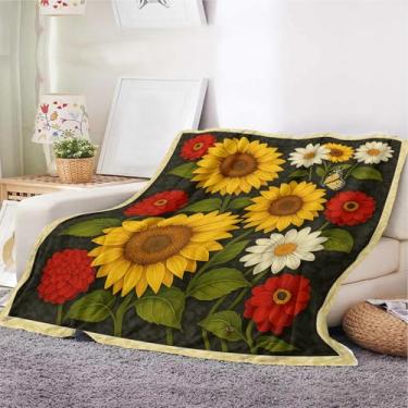 Imagem de Cobertor de girassol estilo country – Manta de lã floral colorida com girassóis, margaridas e flores vermelhas em preto – Cobertor macio leve e aconchegante para sofá-cama, sofá sala de estar (99,8 x