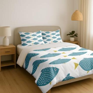 Imagem de Conjunto de capa de edredom de desenho animado, 3 peças, azul e amarelo, capa de edredom macia com fecho de zíper e fronhas, lindo tema de vida marinha subaquática para crianças ou decoração costeira