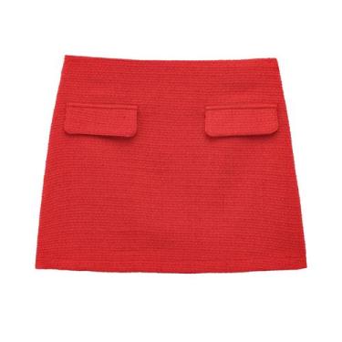 Imagem de Saia Mini De Tweed Feminina De Cintura Alta Com Zíper Lateral E Aba, S