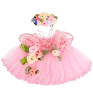 Imagem de Conjunto de Vestido Noiva para Boneca 17cm, Fofo Rosa Vestido Flores com Faixa Cabelo Conjunto Roupas de Boneca para Decoração e Exibição