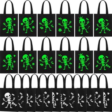 Imagem de SilTriangle Pacote com 24 sacos luminosos não tecidos de Halloween, bolsa iluminada para doces ou travessuras, 19 x 24 cm, sacola de presente reutilizável com alças, fantasma de abóbora, aranha, bruxa