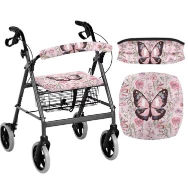 Imagem de Cugasmaru Capa de assento andador borboleta rosa rollator acessórios presentes para idosos em vida assistida andador acessórios para senhoras capa lavável contra poeira conjunto de capas de assento