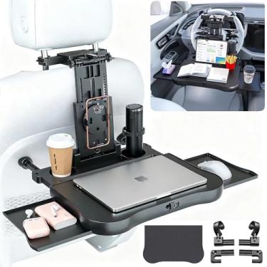 Imagem de Bandeja de volante de carro 2 em 1 e bandeja de encosto de cabeça do banco traseiro com suporte de telefone, mesa de alimentos para volante para carro, laptop, volante para SUVs, caminhões e vans