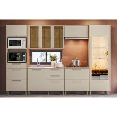 Imagem de Kit Cozinha Modulada 6 Peças Atena (2Aéreos+2Balcões+1Cristaleira+1TorreQuente) CP04 Jequitiba/Off White Fosco - Linea Brasil