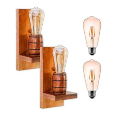 Imagem de Kit 2 Arandelas Barril Delenha Decor Madeira Mogno + Lâmpada