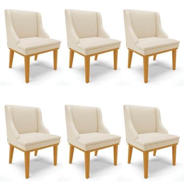 Imagem de Kit 6 Cadeiras Estofadas Sala de Jantar Base Fixa de Madeira Castanho Lia Sintético Bege - Ibiza