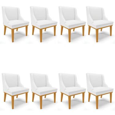 Imagem de Kit  8 Cadeiras Estofadas Sala de Jantar Base Fixa de Madeira Castanho Lia Sintético Branco - Ibiza