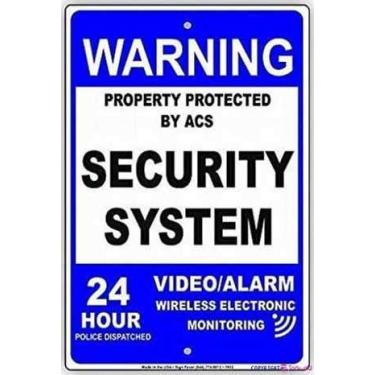 Imagem de Placa de aviso azul propriedade protegida pelo sistema de segurança Acs alarme de vídeo monitoramento eletrônico sem fio 24 horas polícia expedição metal estanho sinais aviso de segurança 20 x 12