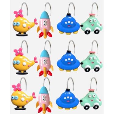 Imagem de YOINIUEM Conjunto de 12 ganchos de cortina de chuveiro com desenho animado, foguete de resina, submarino, UFO, táxi, para decoração de banheiro infantil, ganchos de resina divertidos e duráveis para