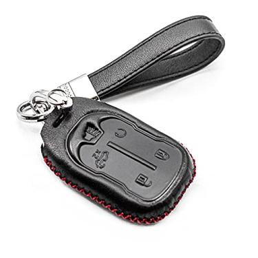 Imagem de INFIPAR Compatível com Chevrolet Silverado 2021 2020 2019 1500 HD 3500 HD GMC Sierra 1500 2500 HD 3500 HD HYQ1EA Capa de couro genuíno Smart Key Fob protetor de entrada sem chave (5 botões, preto/vermelho)