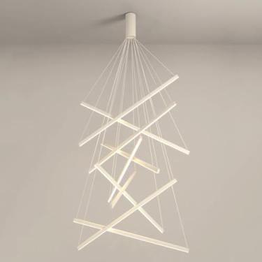 Imagem de 5 Luzes Modernas LED Foyer Lustre Geométrico Branco Minimalista Longo Linear Pendente Luz Controle Remoto Sputnik Lustre de Teto Alto Para Entrada Escadaria Sala de Estar Hotel Escritório