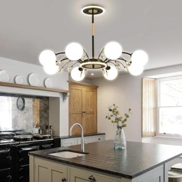 Imagem de Lustre Sputnik Lustres Modernos Dourados Lustres de Teto de Meados do Século Luminária de Decoração de Cristal Luminária Pendente com Abajur de Vidro Branco Leite para Sala de Estar Cozinha