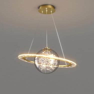 Imagem de Lustre Pendente Luminárias LED Regulável Planeta Pendente Luz para Quarto de Crianças Anel de Ouro Rosa Lustre de Teto Moderno para Quarto Cozinha Ilha Sala de Jantar Restaurante, Ouro 48cm