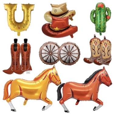 Imagem de Kit de balões de cavalo com tema de caubói ocidental, decorações de festa ocidental, incluindo botas de cavalo, chapéus, cactos, ferraduras, rodas, balões para decoração de festa de aniversário de