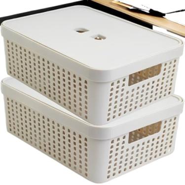 Imagem de Caixa Organizadora Rattan com Tampa Invisível 11,5L – Multiuso para Gavetas, Casa, Cozinha e Armário(Bege 2 UN)