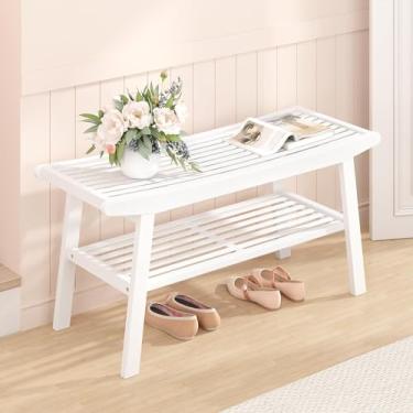 Imagem de Banco de jantar de bambu, banco longo para uso interno, resistente e confortável, design de ripas duráveis, assentos de entrada modernos para corredor (branco, 2 camadas)