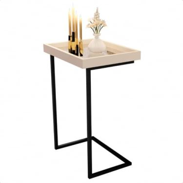 Imagem de Mesa Lateral Apoio Centro Espelhada com Pés de Ferro Retro Canto Sofá Porta Objetos de Decoração MDF (Off White/Preto)