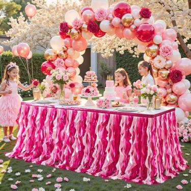 Imagem de Wish Care Saia de mesa de lantejoulas rosa de 4,3 m para mesas retangulares com glitter cacheado salgueiro fúcsia saia tutu toalha de mesa saia de mesa para princesas meninas aniversário chá de bebê