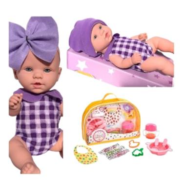 Imagem de Boneca Bebe reborn pequena lilas Kit Papinha bolsa Massinha Modelar babador Brinquedo