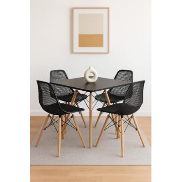 Imagem de Conjunto de Jantar Moderno, Mesa Quadrada 90x90cm com 4 Cadeiras Eames Colméia, Preto com Pés em Madeira Natural, para Sala de Jantar, Cozinha, Salão de Festa, Sacada