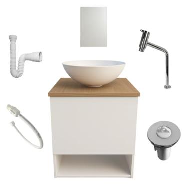 Imagem de Gabinete Armario Banheiro Aereo 40cm Pia Redonda Espelho Torneira Cromada Madeira Completo