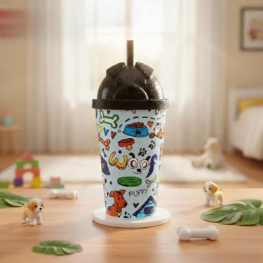 Imagem de Copo Infantil com Canudo e Tampa 3D de Pug (Cachorro) 350ml | Tumbler Reutilizável Tema PET Puppy | Plástico Resistente para Crianças | Livre de BPA