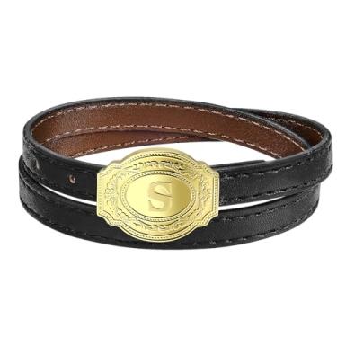 Imagem de hooppoo Pulseira inicial personalizada para homens e mulheres - ajustável (16,5 cm - 7,48") banhado a ouro 14 K, design de fivela de cinto ocidental com couro sintético duplo presente, Dourado