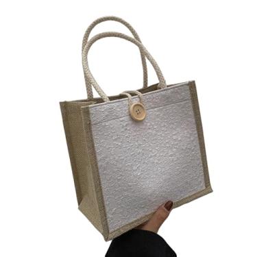 Imagem de Bolsa feminina, bolsa casual bordada personalizada Bento, sacolas de compras reutilizáveis, Off-white