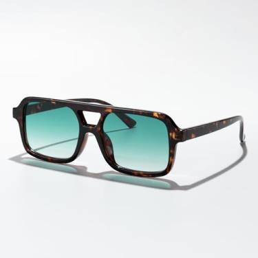 Imagem de Óculos de sol aviador quadrados de ponte dupla para homens e mulheres, moderno, retrô, com proteção para dirigir, viajar ao ar livre, Armação leopardo/lente verde gradiente, Lens Width: 53 Millimeters