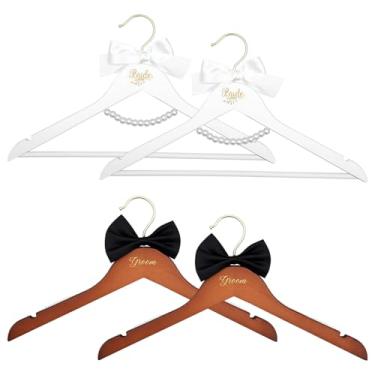 Imagem de blackonvlm Conjunto de 4 cabides para noivas, noivas e noivos, conjunto de cabides de casamento, cabides de madeira premium, para smoking com laço, presente de casamento, chá de festa (estilo 2)