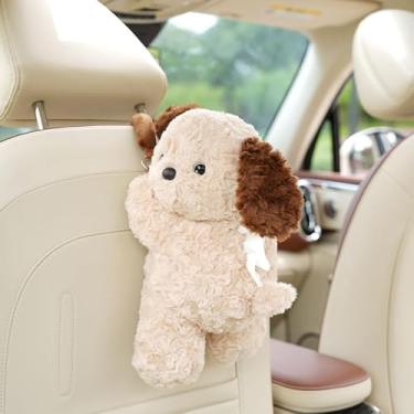 Imagem de Suporte de caixa de lenços de pelúcia para carro – design fofo de cachorro engatinhando, pendurado ou uso no painel, organizador de brinquedo macio para interior de veículo (Cão cáqui)