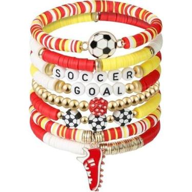 Imagem de KLSKLYL 【Conjunto de 8 peças de pulseiras Super Bowl】 Pulseiras com tema esportivo para dia de jogo – Conjunto de miçangas unissex de futebol, basquete, vôlei e beisebol, One Size, Argila de polímero