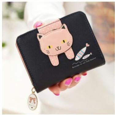 Imagem de Carteira feminina pequena com estampa de gato fofo – Bolsa organizadora de cartões e porta-moedas, Preto, Small, Bolsa casual para moedas