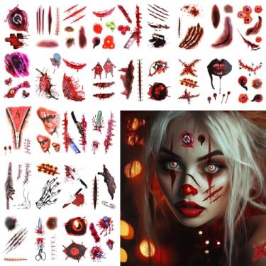 Imagem de 30 peças de tatuagens temporárias de zumbi de Halloween, kit de maquiagem, cicatrizes de sangue falsas, feridas, adesivos para mulheres, homens, adultos, crianças, cosplay, festa