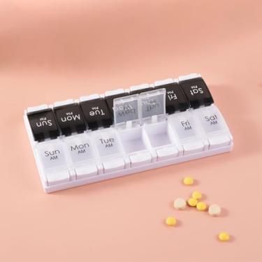 Imagem de Organizador semanal de comprimidos, caixa de comprimidos portátil com botão de pressão, 2 vezes por dia, estojos AM/PM organizadores de medicamentos para guardar vitaminas e medicamentos (preto)