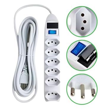Imagem de Extensão Elétrica 6 Tomadas com Fusível de Proteção e Interruptor – Cabo 3,0m Bivolt 110/220V, Filtro de Linha Seguro, 10A, Até 2500W – Régua de Tomadas para Casa e Escritório – (Branco)
