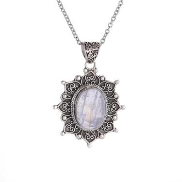 Imagem de DIAMANTIO Colar com pingente de pedra da lua vintage banhado a ouro 18K – Design de filigrana boêmia, corrente prateada, joia étnica feita à mão para mulheres