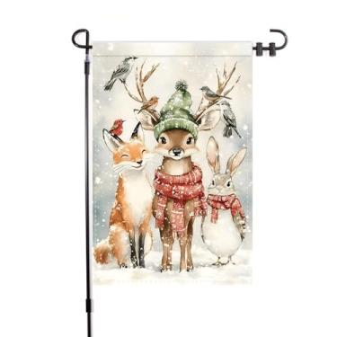 Imagem de Bandeira de jardim de Natal de inverno com desenhos de pássaros de raposa e renas fofas bandeira de quintal 30,5 x 45,7 cm, faixa de animal dupla face para decoração de inverno, férias, casa, ao ar