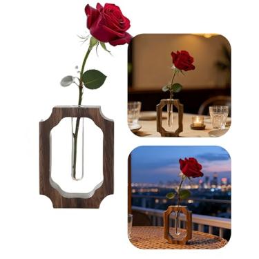 Imagem de Vaso de tubo de vidro com moldura de madeira maciça para decoração de plantas hidorpônicas para uso doméstico e no escritório para presente feminino (pequeno, clássico, pacote com 1)