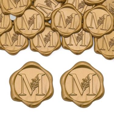 Imagem de SWANGSA Pacote com 200 adesivos de lacre de cera letra M, folhas botânicas douradas antigas com letras iniciais, adesivos de cera autoadesivos para envelopes de convite de festa de casamento