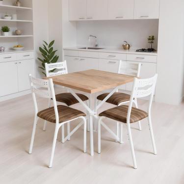Imagem de Mesa Pequena Quadrada 75x75 De Cozinha Com 4 Cadeiras - Branco E Carvalho