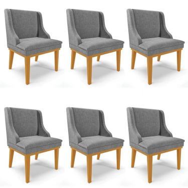 Imagem de Kit 6 Cadeiras Estofadas Para Sala De Jantar Base Fixa De Madeira Castanho Lia Linho Grafite - Ibiza