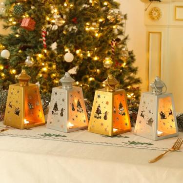 Imagem de DECORKEY Decorações de Natal para casa, 4 peças de lanternas decorativas vintage para decoração de mesa de centro de mesa ao ar livre (2 douradas + 2 prateadas, sem vidro)