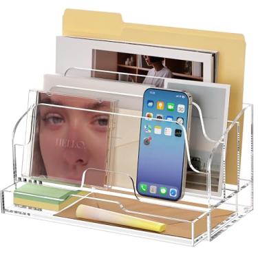 Imagem de SANRUI Suporte organizador de mesa transparente com gavetas, pastas de acrílico Manila, caixa classificadora de arquivos, acessórios de mesa de escritório e envelopes de espaço de trabalho, racks de