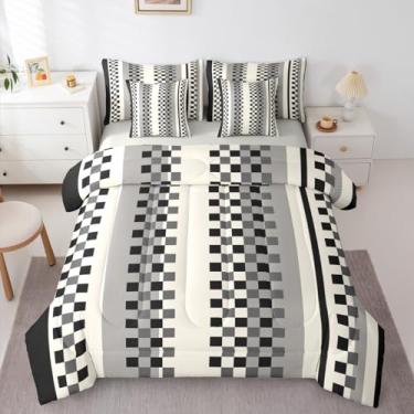Imagem de Erosebridal Conjunto de edredom queen quadriculado preto e cinza com 7 peças, cama xadrez rústica de fazenda buffalo, para crianças e adultos, conjunto de cama moderno com estampa de listras
