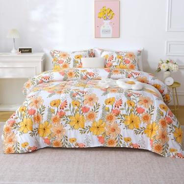 Imagem de Mooreeke Capa de edredom floral, tamanho Queen, conjunto de 2 peças de capa de edredom com estampa de flores rosa e amarela com fecho de zíper, conjunto de cama de microfibra macia e respirável com 4