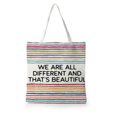 Imagem de Yhtrg Sacola listrada de saúde mental, somos todos diferentes e isso é lindo, sacolas de lona para mulheres, presentes inspiradores para mulheres, sacolas de compras de supermercado reutilizáveis para
