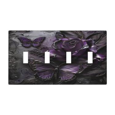 Imagem de SgEdao Capa decorativa para interruptor, placa de parede com flor de borboleta rosa roxa, 4 grupos, placa grande para interruptor de luz quadriciclo, placa frontal jumbo para decoração de quarto e